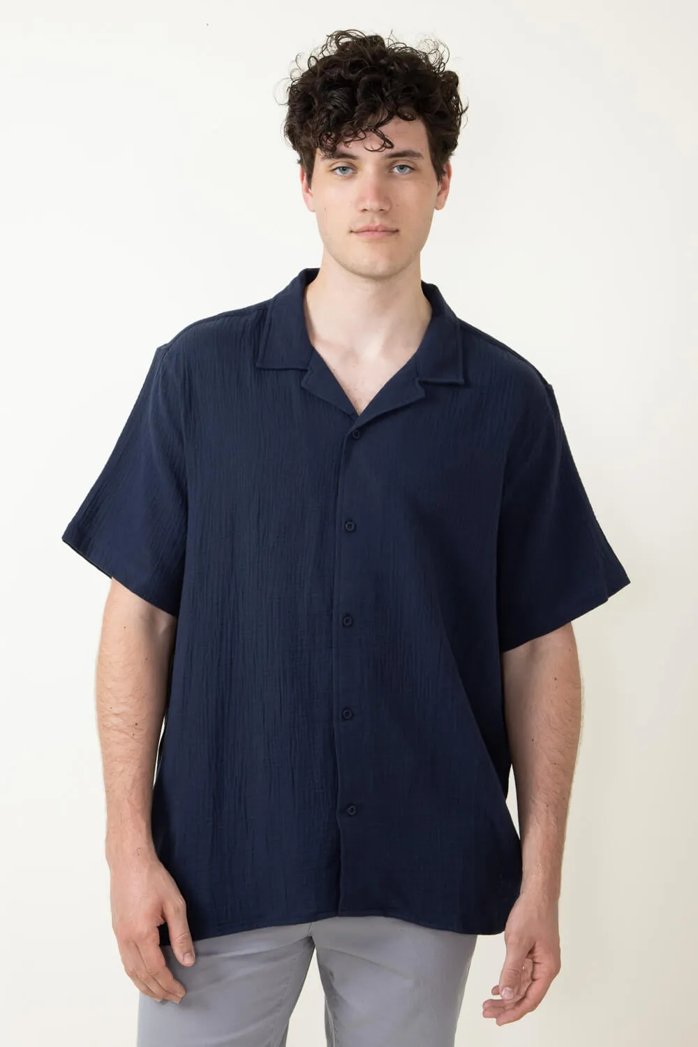 Woven Gauze Button Up Shirt for Men in Navy | 4PW7090M-NAVY