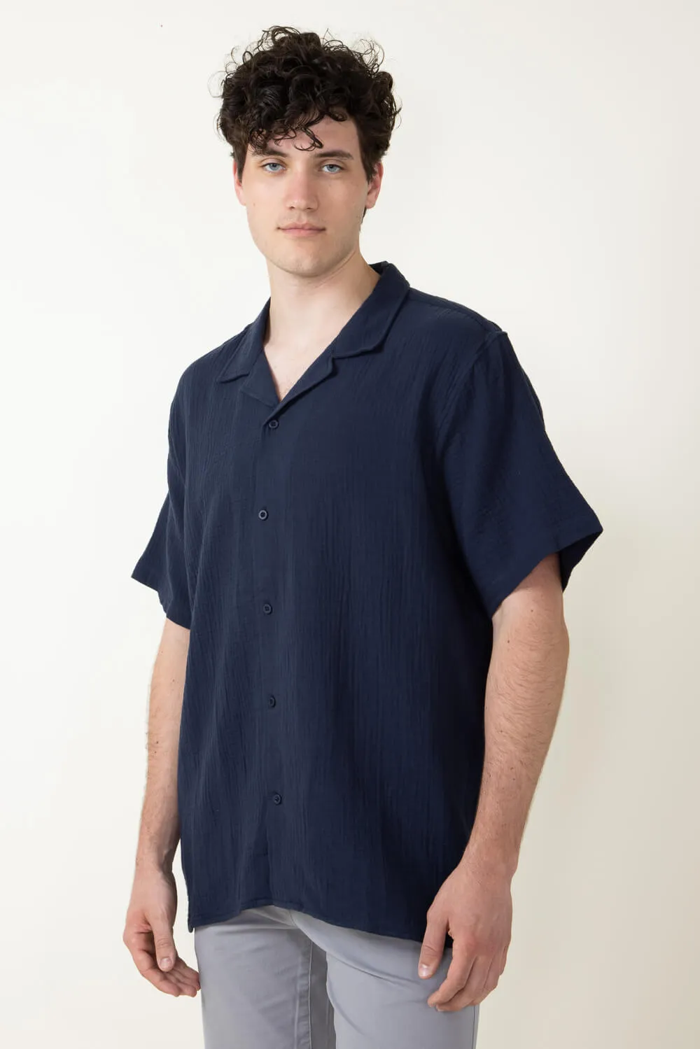 Woven Gauze Button Up Shirt for Men in Navy | 4PW7090M-NAVY