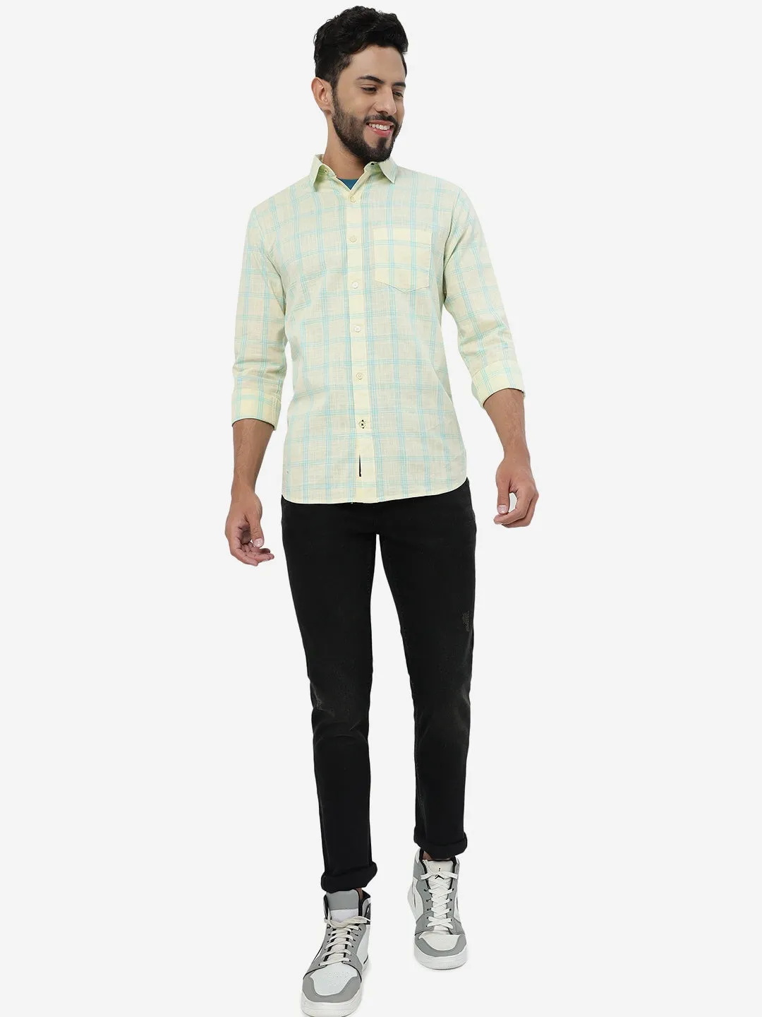Yellow Checked Slim Fit Casual Shirt | JadeBlue