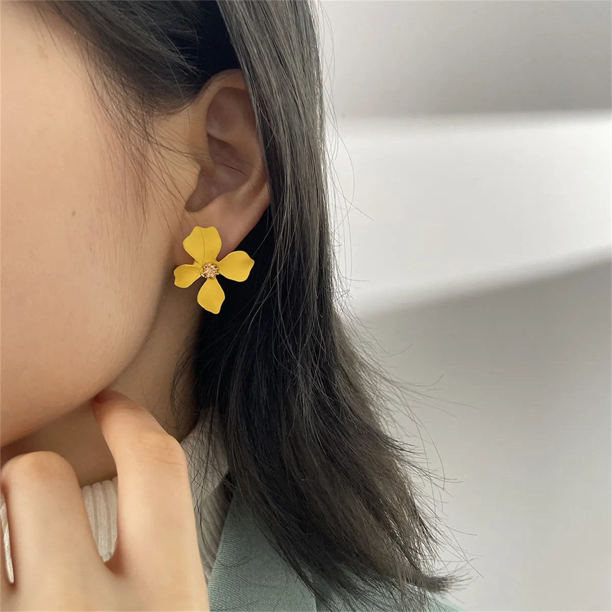 Yellow Enamel & 18K Gold-Plated Four-Petal Flower Stud Earrings