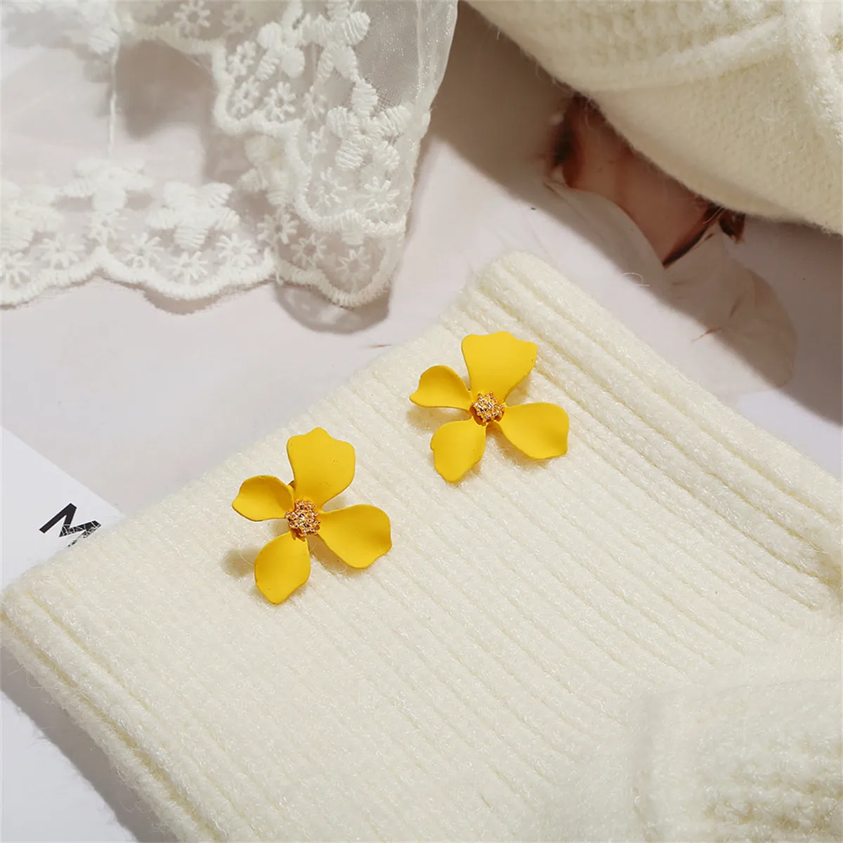 Yellow Enamel & 18K Gold-Plated Four-Petal Flower Stud Earrings
