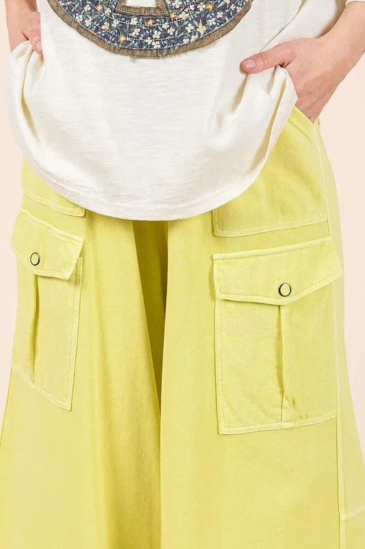 Yellow French Terry Cargo Wide Leg Pants